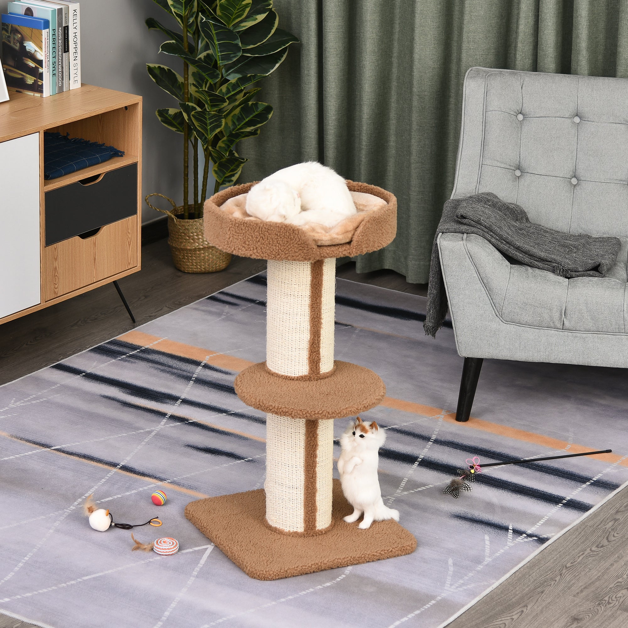 EasyComfort Tiragraffi ad Albero per Gatti con Cuccia, Cuscino, Rivestimento Peluche e Pali in Corda Sisal