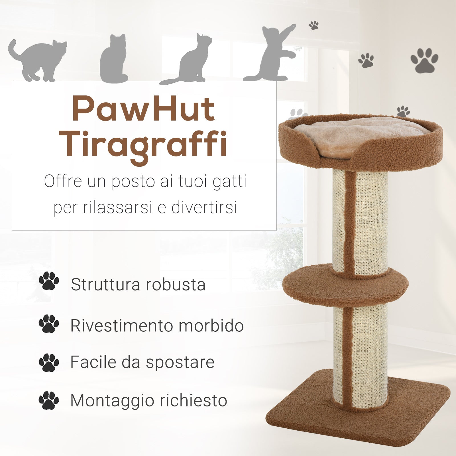 EasyComfort Tiragraffi ad Albero per Gatti con Cuccia, Cuscino, Rivestimento Peluche e Pali in Corda Sisal