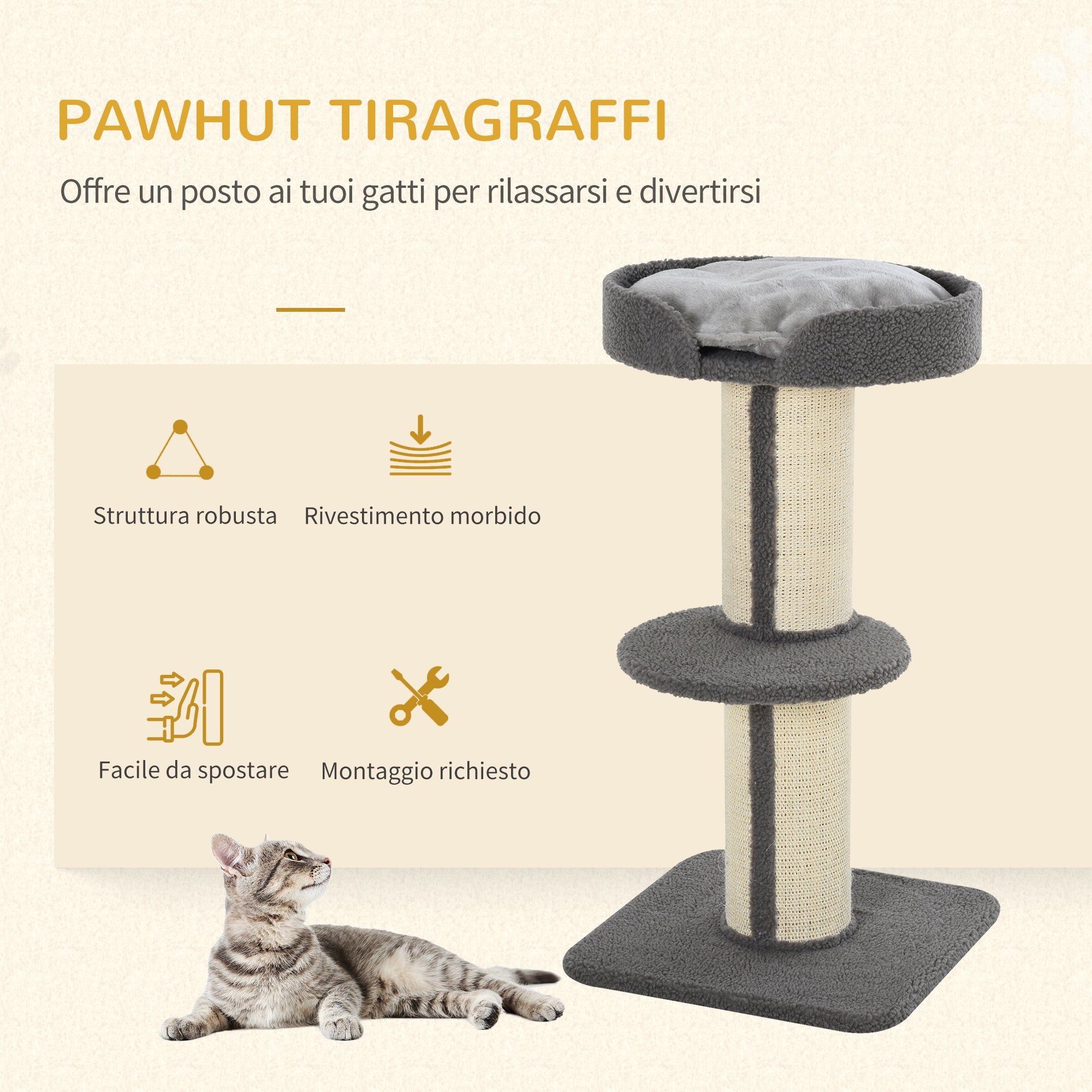 EasyComfort Tiragraffi ad Albero per Gatti con Cuccia, Cuscino, Rivestimento Peluche e Pali in Corda Sisal