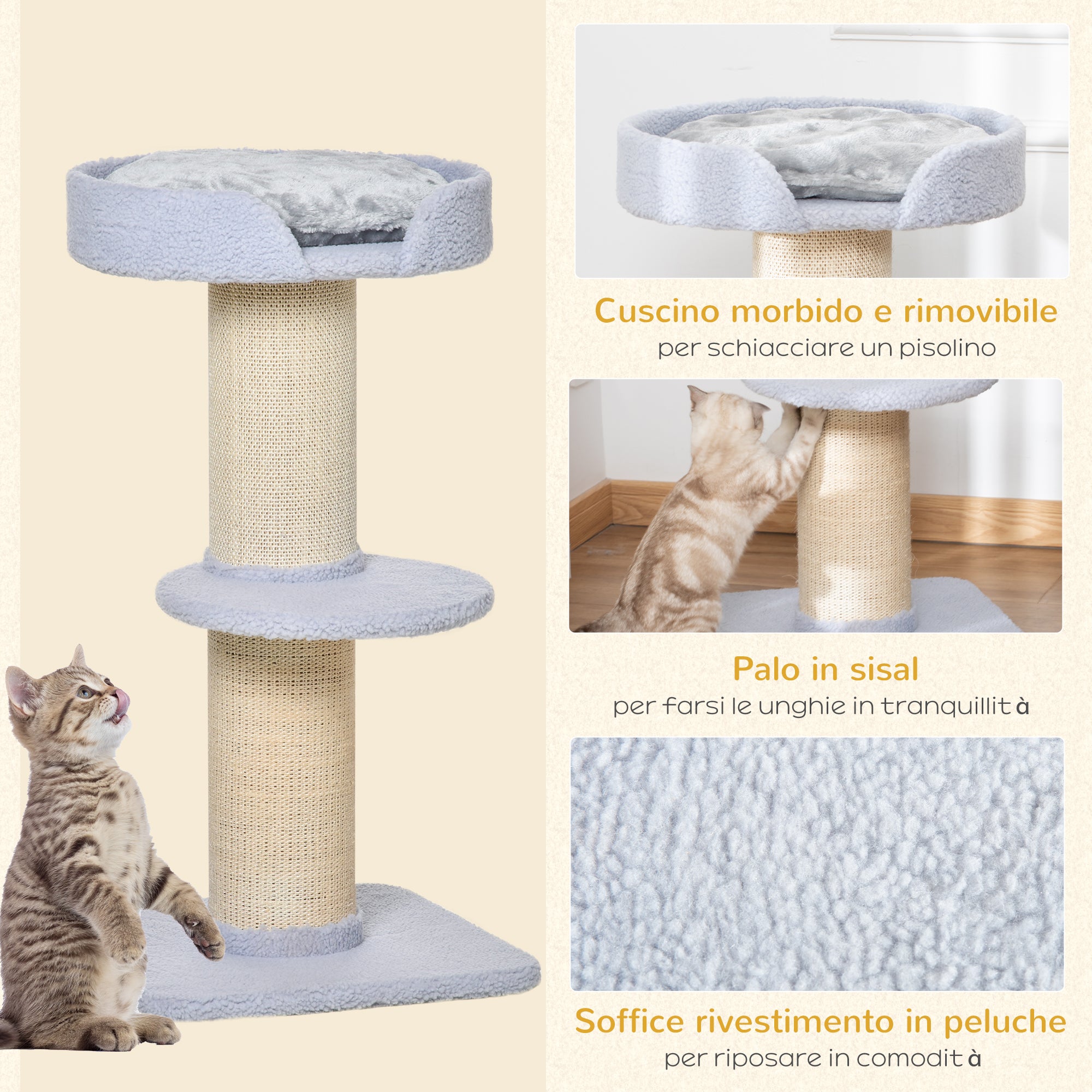 EasyComfort Tiragraffi per Gatti con Lettino, Rivestimento Peluche e Palo in Sisal, 45x45x91cm, Azzurro