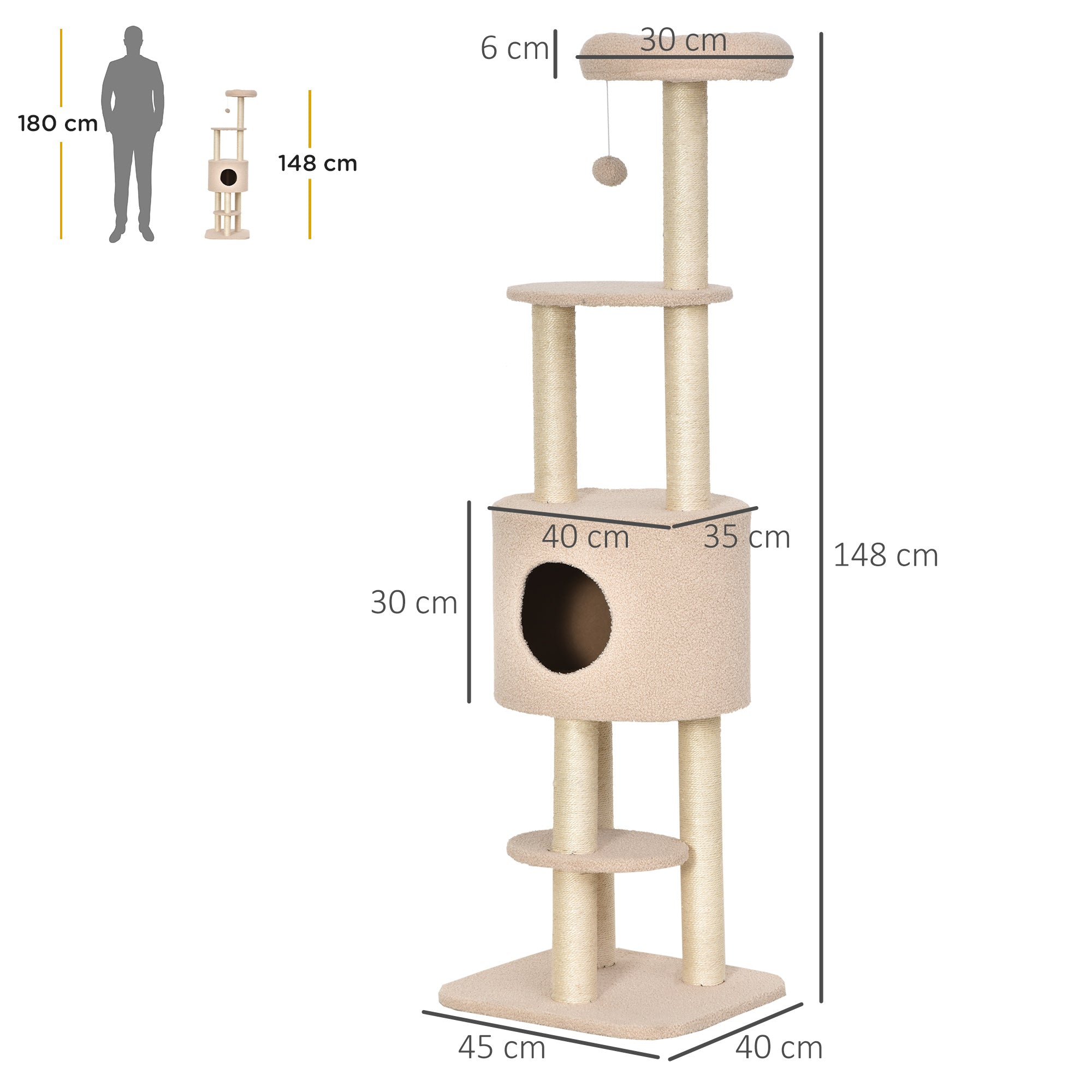 Easycomfort Albero Tiragraffi Robusto per Gatti con 5 Livelli, Cuccia, Casetta, Giochi e Corda Sisal, Beige, Max 30kg