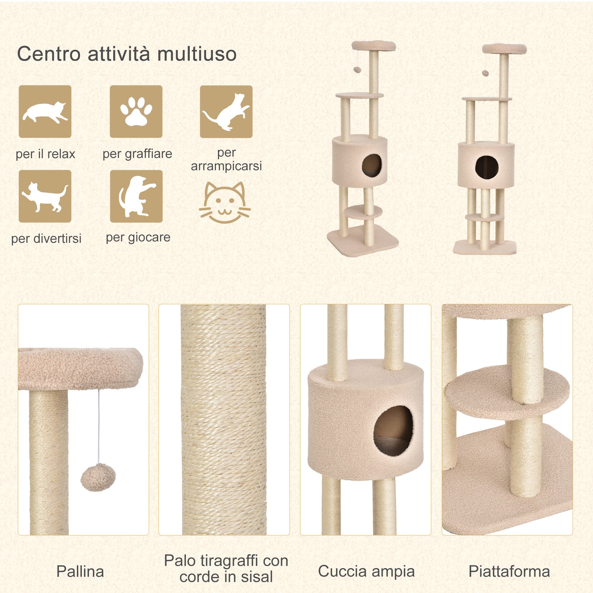 Easycomfort Albero Tiragraffi Robusto per Gatti con 5 Livelli, Cuccia, Casetta, Giochi e Corda Sisal, Beige, Max 30kg