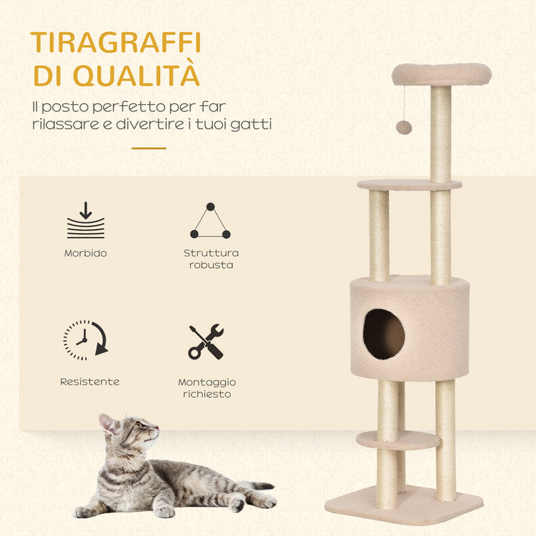 Easycomfort Albero Tiragraffi Robusto per Gatti con 5 Livelli, Cuccia, Casetta, Giochi e Corda Sisal, Beige, Max 30kg