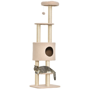 Easycomfort Albero Tiragraffi Robusto per Gatti con 5 Livelli, Cuccia, Casetta, Giochi e Corda Sisal, Beige, Max 30kg