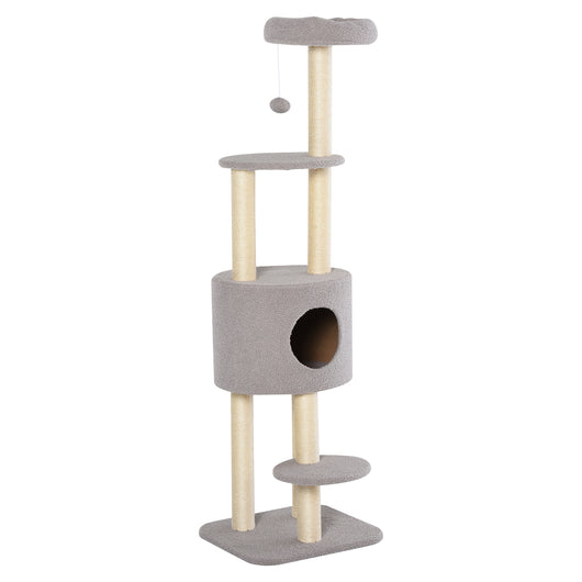 Easycomfort Albero Tiragraffi Robusto per Gatti con 5 Livelli, Cuccia, Casetta, Giochi e Corda Sisal, Grigio e Beige Max 30kg