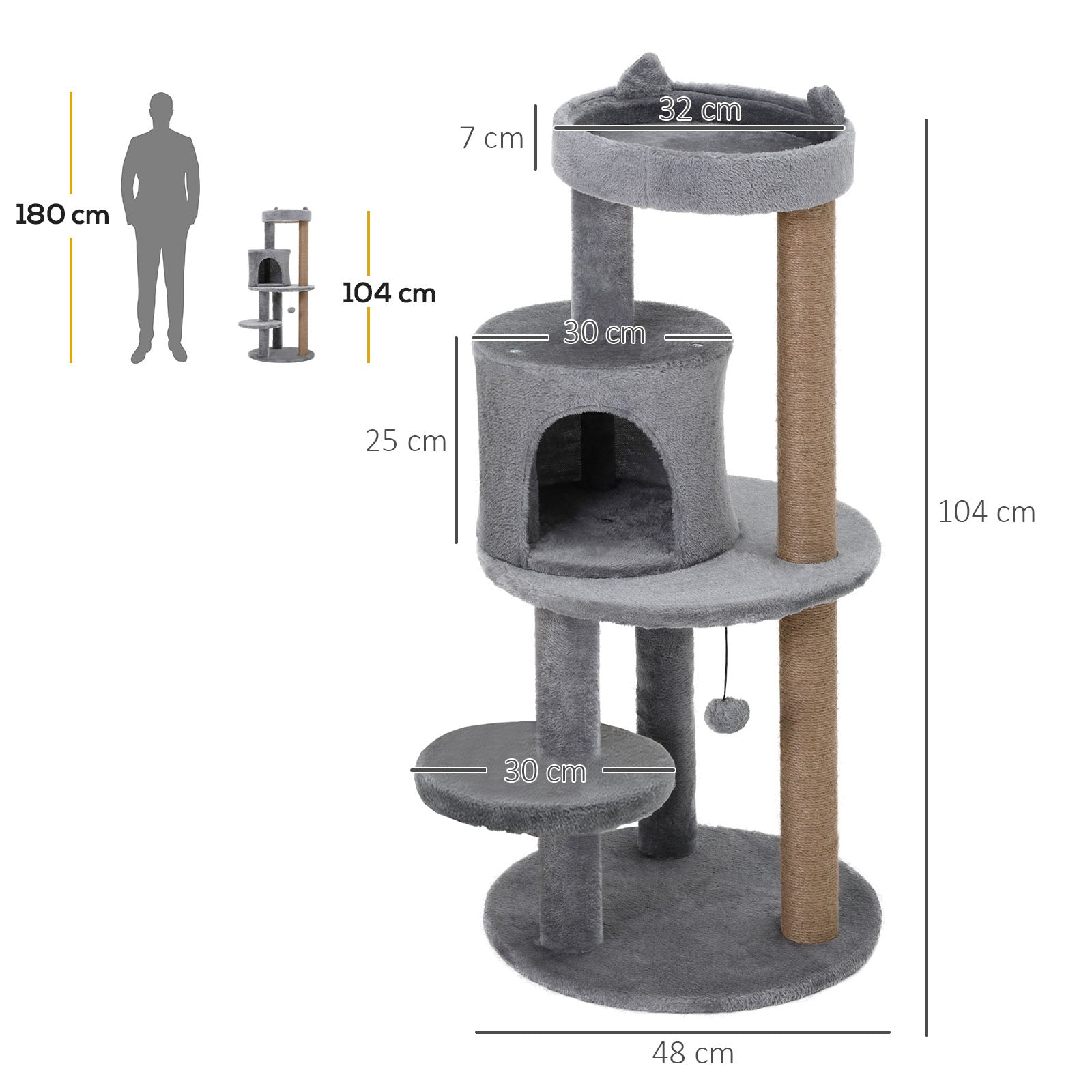 Tiragraffi con Cuccia per Gatti in Legno Sisal 48x48x104 cm  Grigio