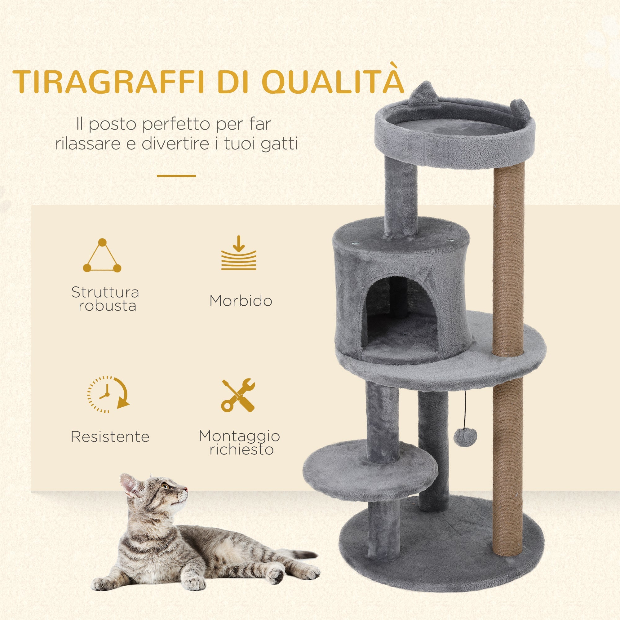 Tiragraffi con Cuccia per Gatti in Legno Sisal 48x48x104 cm  Grigio