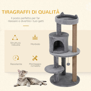 Easycomfort Albero Tiragraffi per 1-2 Gatti di 4.5kg, Palestra Castello per Gatti con 3 Livelli, Cuccia, Lettino e Palo in Corda Sisal, Grigio 48x48x104cm