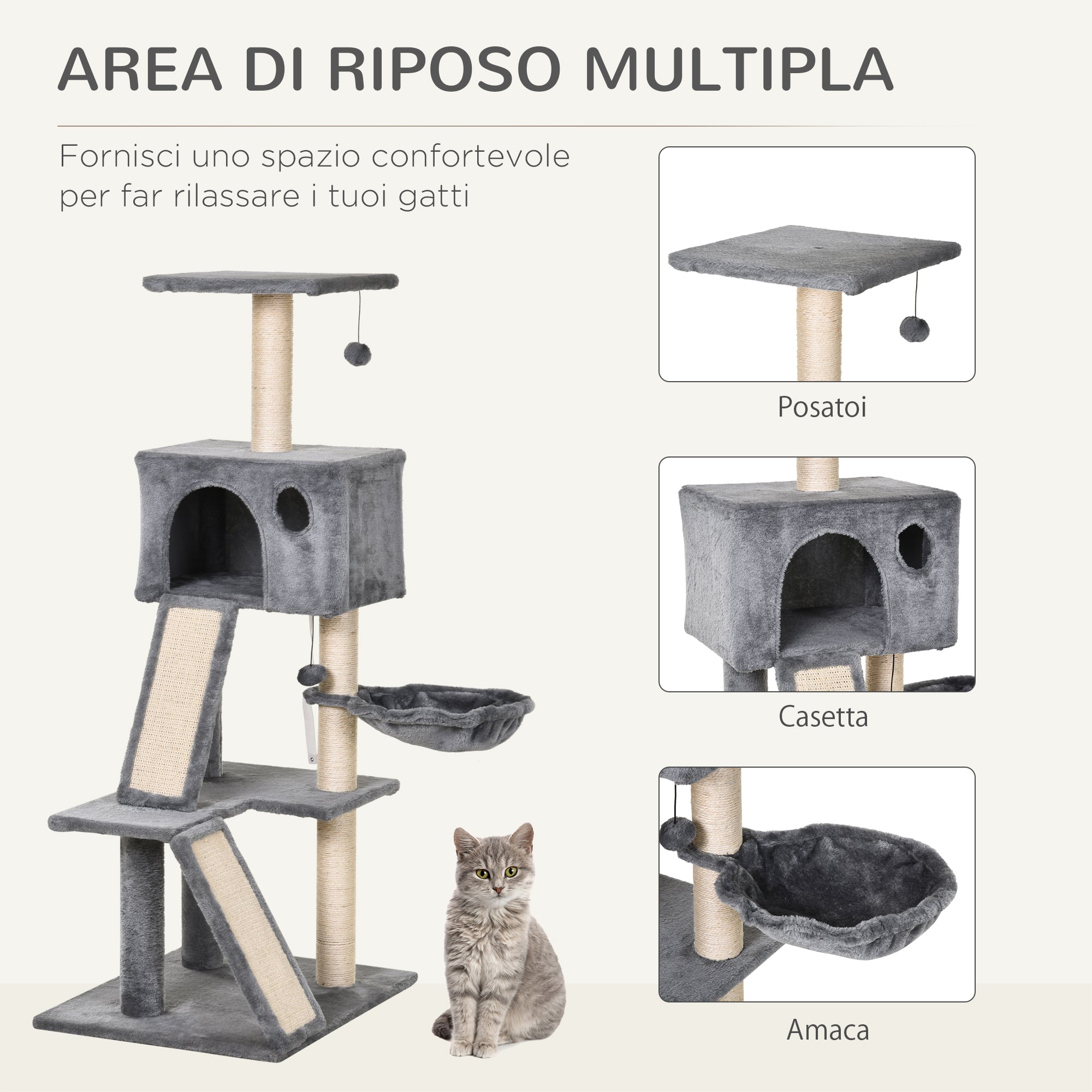 Tiragraffi con Cuccia e Cestino sospeso per Gatti 60x49x130 cm in Peluche Sisal  Grigio