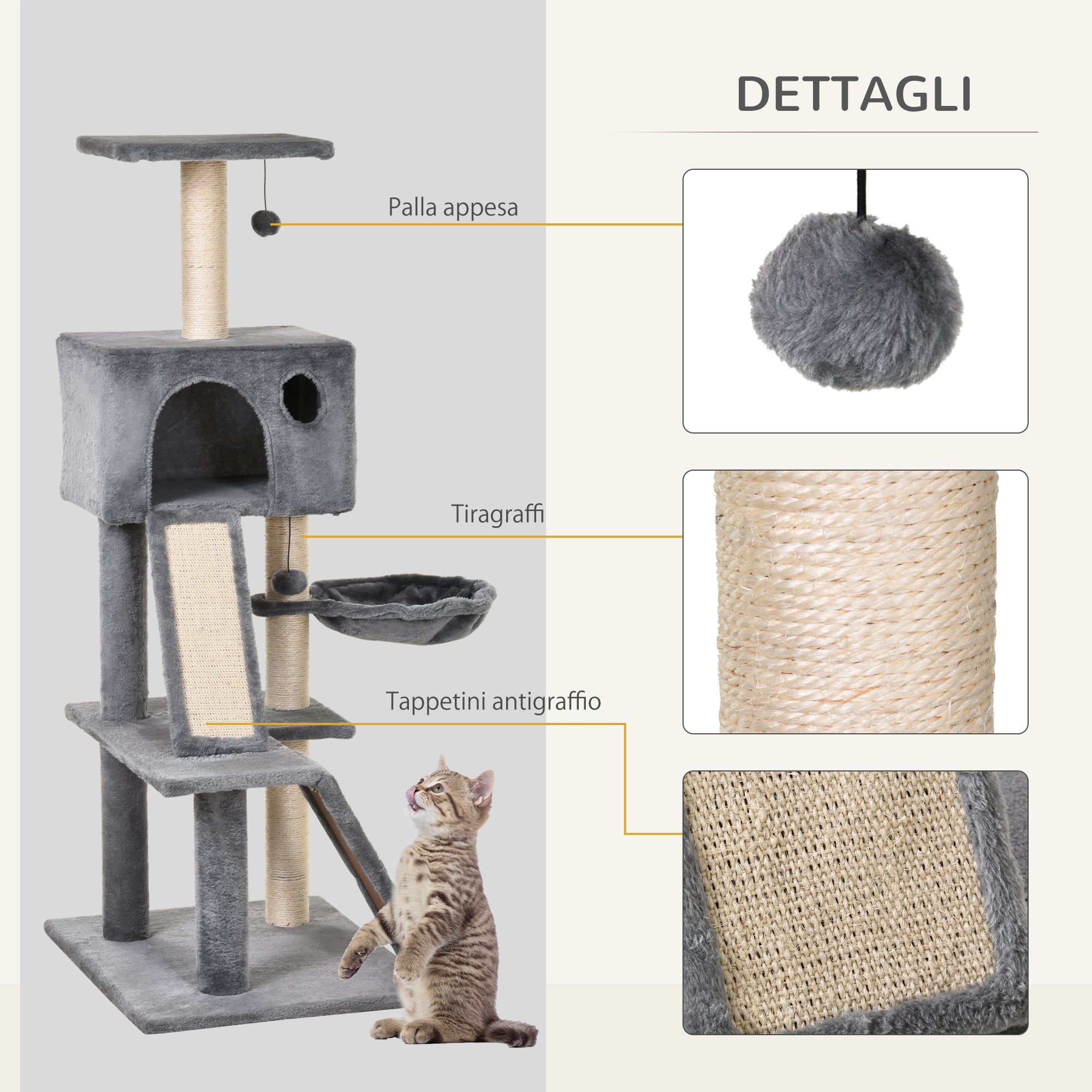 Tiragraffi con Cuccia e Cestino sospeso per Gatti 60x49x130 cm in Peluche Sisal  Grigio