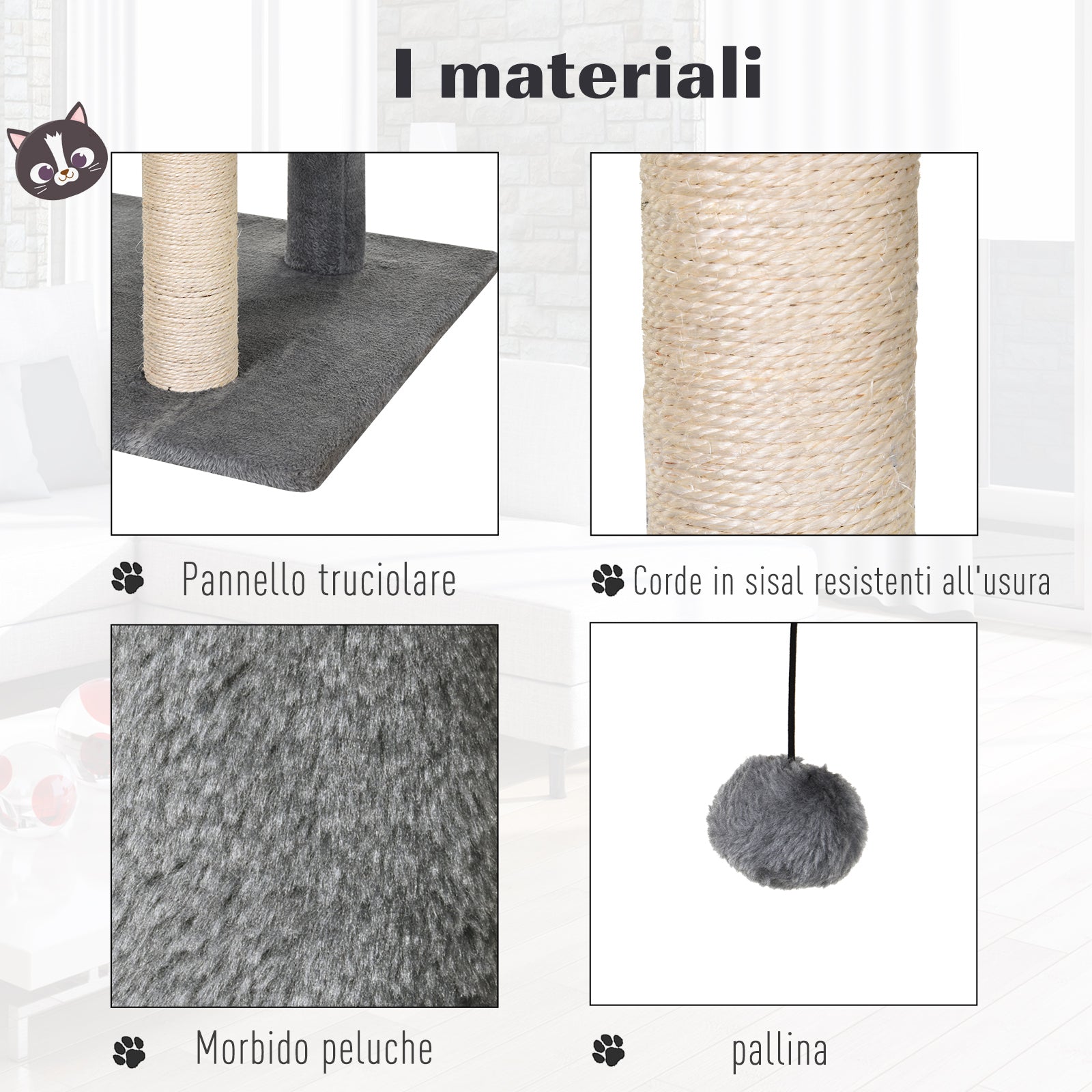 Tiragraffi con Cuccia e Cestino sospeso per Gatti 60x49x130 cm in Peluche Sisal  Grigio