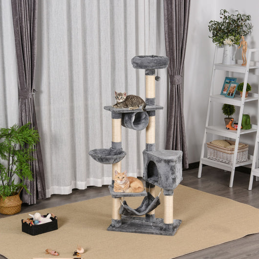 Easycomfort Tiragraffi a Colonna per Gatti con Cuccia, Amaca, Lettini Sospesi e Pali in Corda Sisal, Grigio, 60x40x154cm