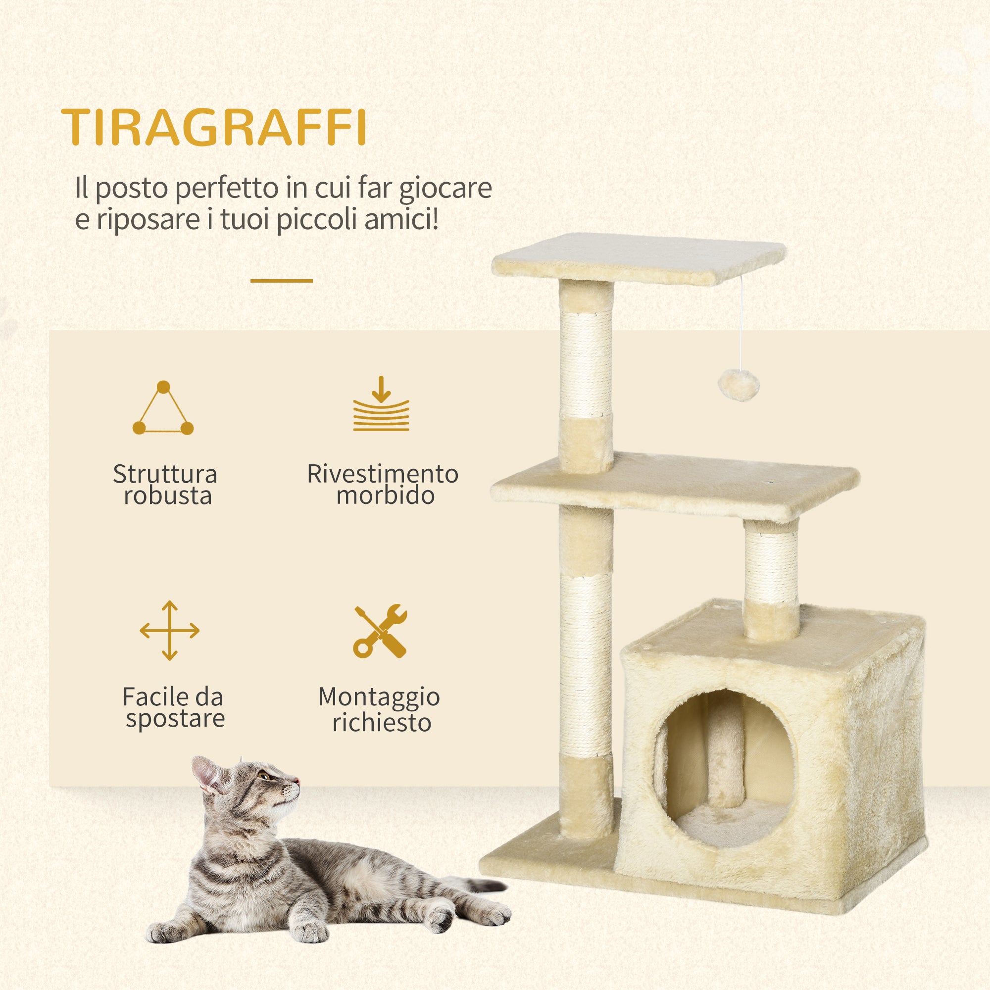 EasyComfort Tiragraffi per Gatti con Cuccia Pallina e Pali in Corda Sisal Beige 50 x 30 x 80cm