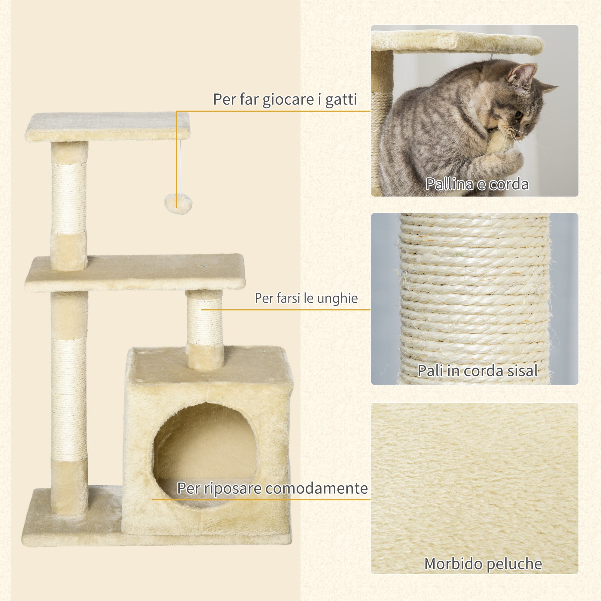 EasyComfort Tiragraffi per Gatti con Cuccia Pallina e Pali in Corda Sisal Beige 50 x 30 x 80cm