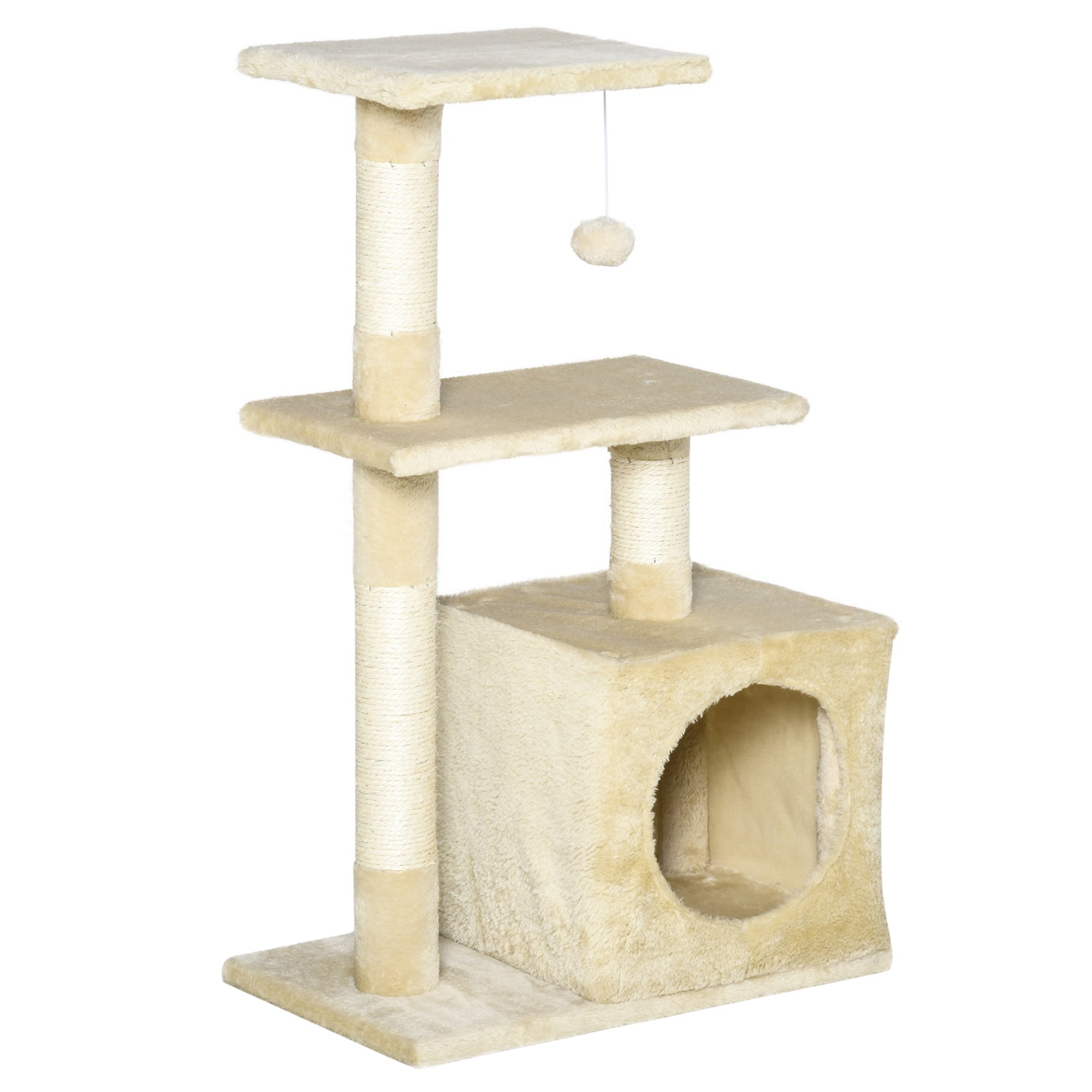 EasyComfort Tiragraffi per Gatti con Cuccia Pallina e Pali in Corda Sisal Beige 50 x 30 x 80cm