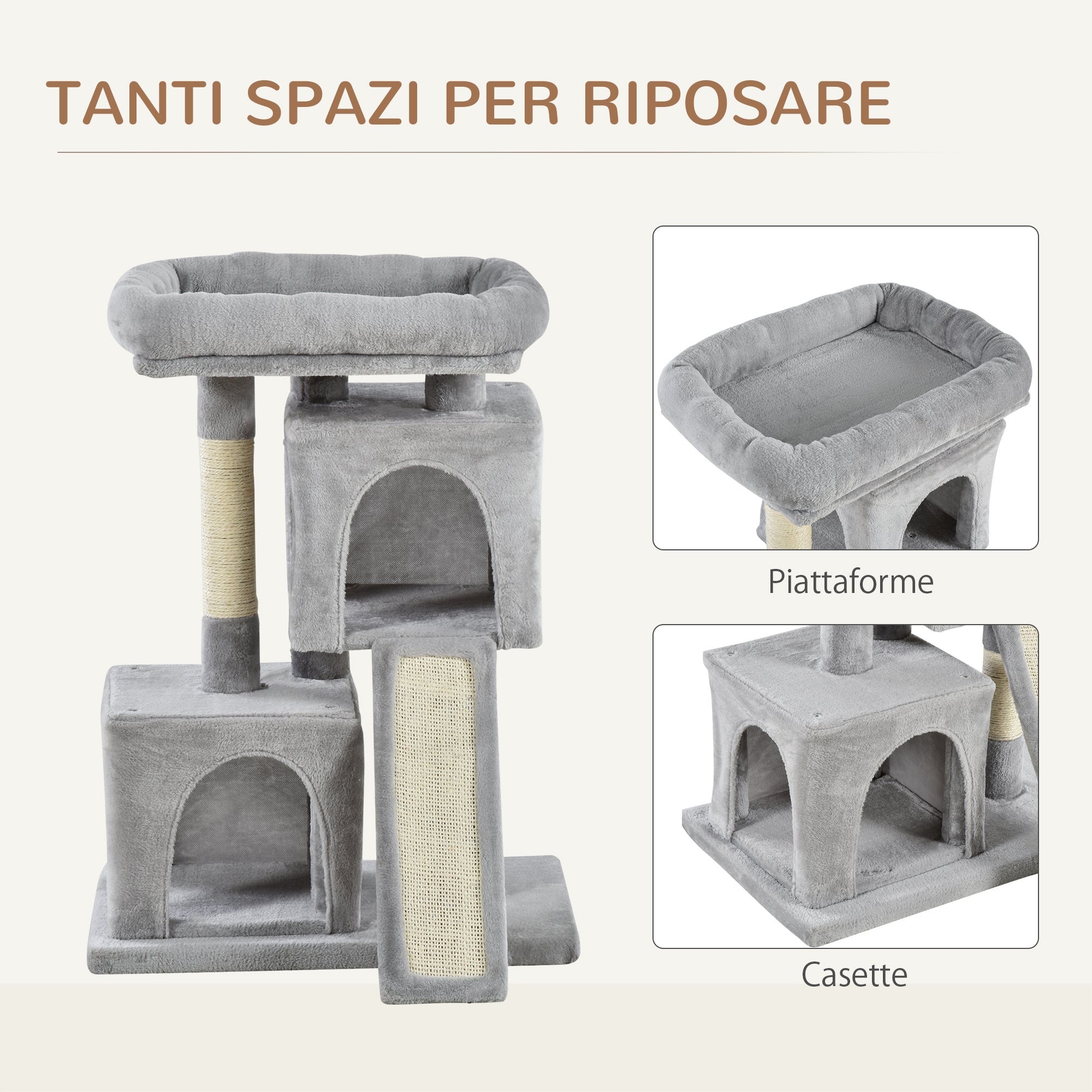 EasyComfort Albero Tiragraffi per Gatti con Pali in Sisal, Lettino e 2 Casette, 59x39x83cm, Grigio