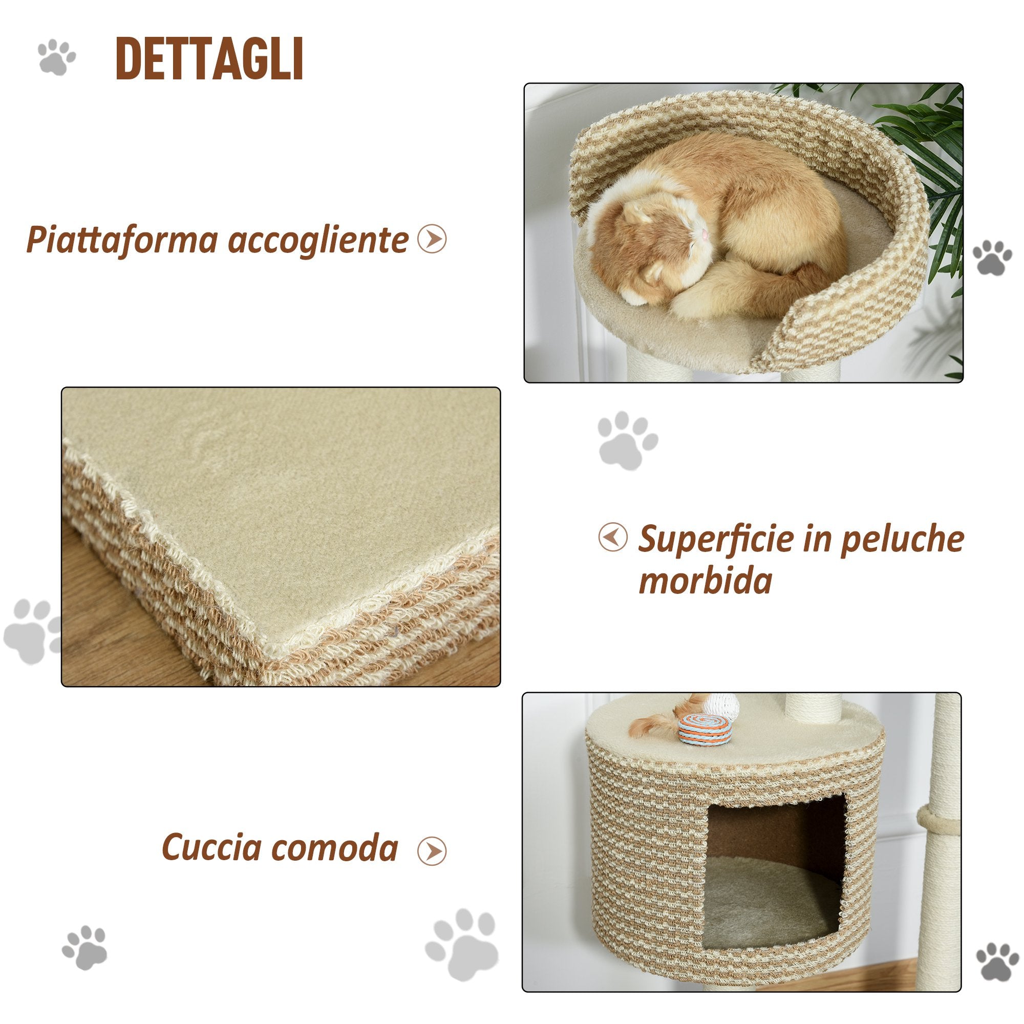 Easycomfort Albero Tiragraffi per Gatti Multi-livello, 2 Piattaforme, 1 Casetta e Corde in Juta, 61x41x96 cm, Beige