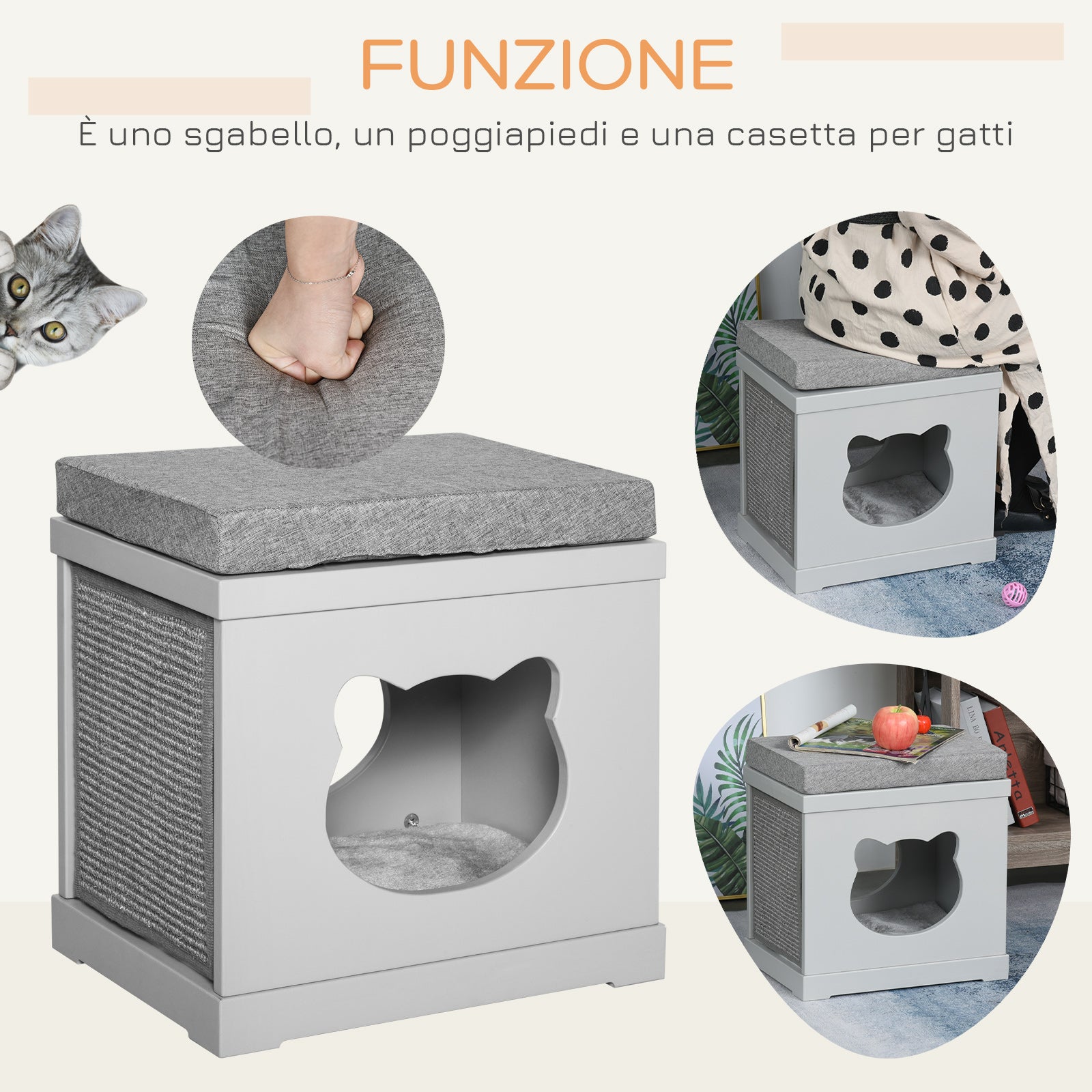 Easycomfort Cuccia Casetta per Gatti in Legno con 2 Cuscini e Tiragraffi Rimovibili, Grigio, 41x30x36cm