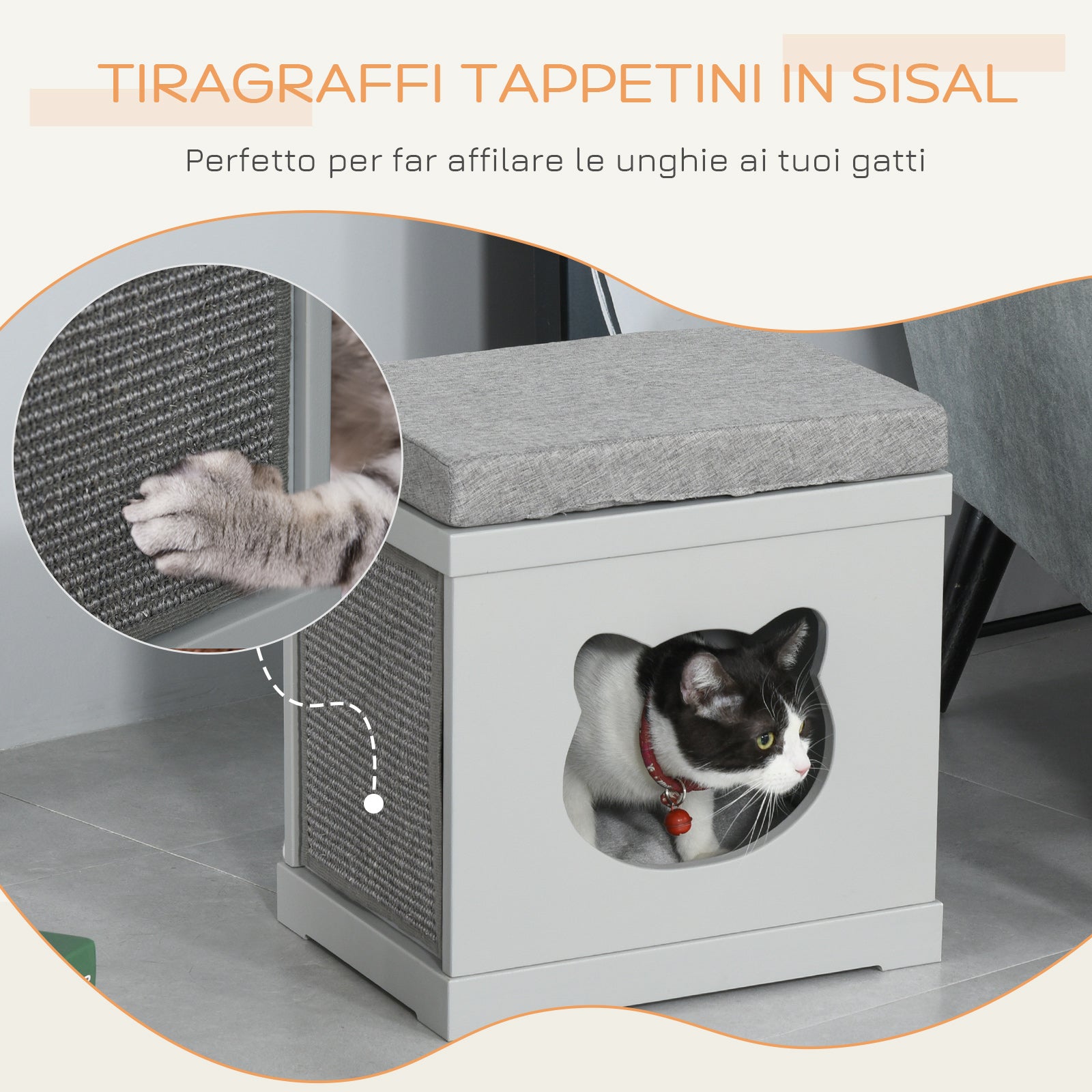 Easycomfort Cuccia Casetta per Gatti in Legno con 2 Cuscini e Tiragraffi Rimovibili, Grigio, 41x30x36cm