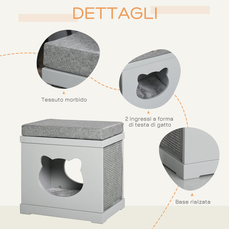 Easycomfort Cuccia Casetta per Gatti in Legno con 2 Cuscini e Tiragraffi Rimovibili, Grigio, 41x30x36cm