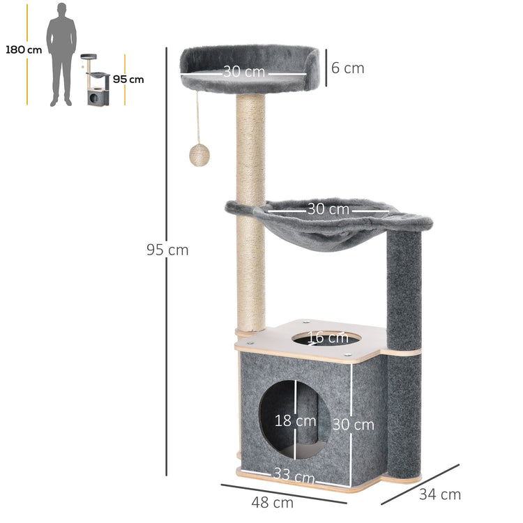 Easycomfort Albero Tiragraffi Multilivello per Gatti Adulti, Palestra per Gatti con Casetta, Amaca, Cuccia e Corde in Sisal, 48x34x95cm, Grigio