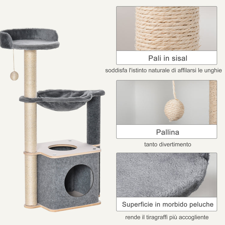 Easycomfort Albero Tiragraffi Multilivello per Gatti Adulti, Palestra per Gatti con Casetta, Amaca, Cuccia e Corde in Sisal, 48x34x95cm, Grigio