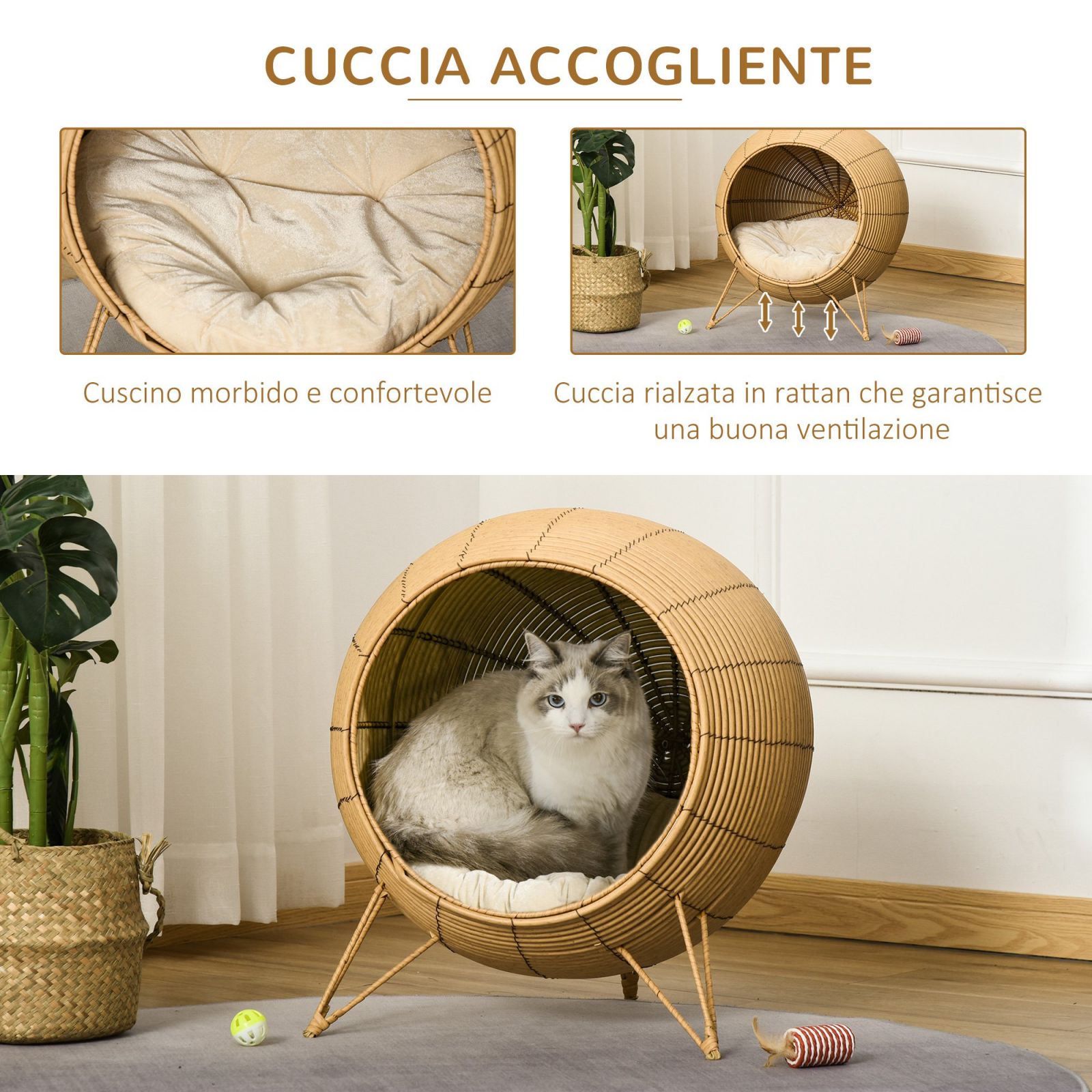 Easycomfort Cuccia per Gatti, Cesta per Gatti Adulti fino 5kg, Cesta in Vimini Sintetico Rialzata, Marrone Chiaro