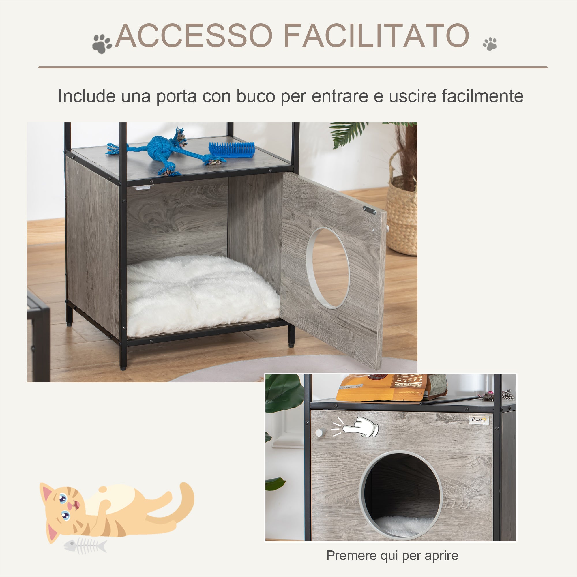 EasyComfort Casetta per Gatti Mobiletto Multiuso con Cuscino Lavabile in Acciaio e Legno, 48x40x65.5cm, Grigio