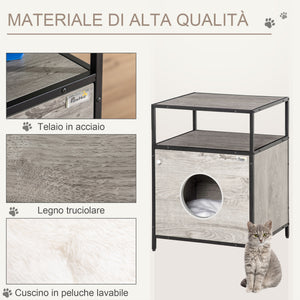 EasyComfort Casetta per Gatti Mobiletto Multiuso con Cuscino Lavabile in Acciaio e Legno, 48x40x65.5cm, Grigio