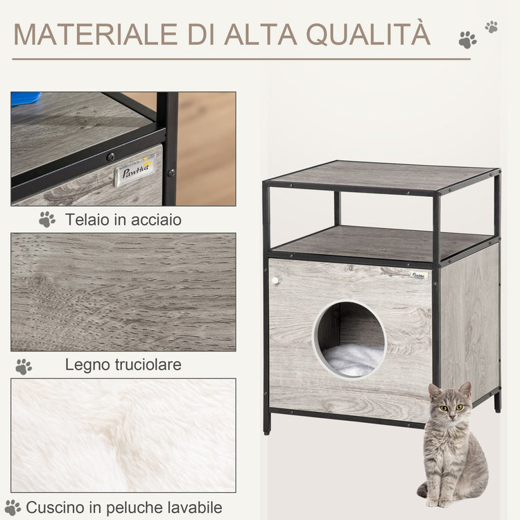 EasyComfort Casetta per Gatti Mobiletto Multiuso con Cuscino Lavabile in Acciaio e Legno, 48x40x65.5cm, Grigio