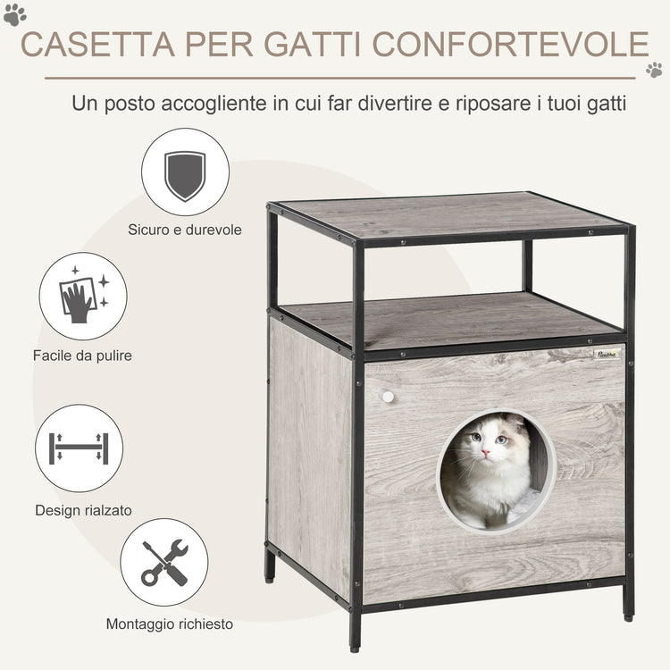 EasyComfort Casetta per Gatti Mobiletto Multiuso con Cuscino Lavabile in Acciaio e Legno, 48x40x65.5cm, Grigio