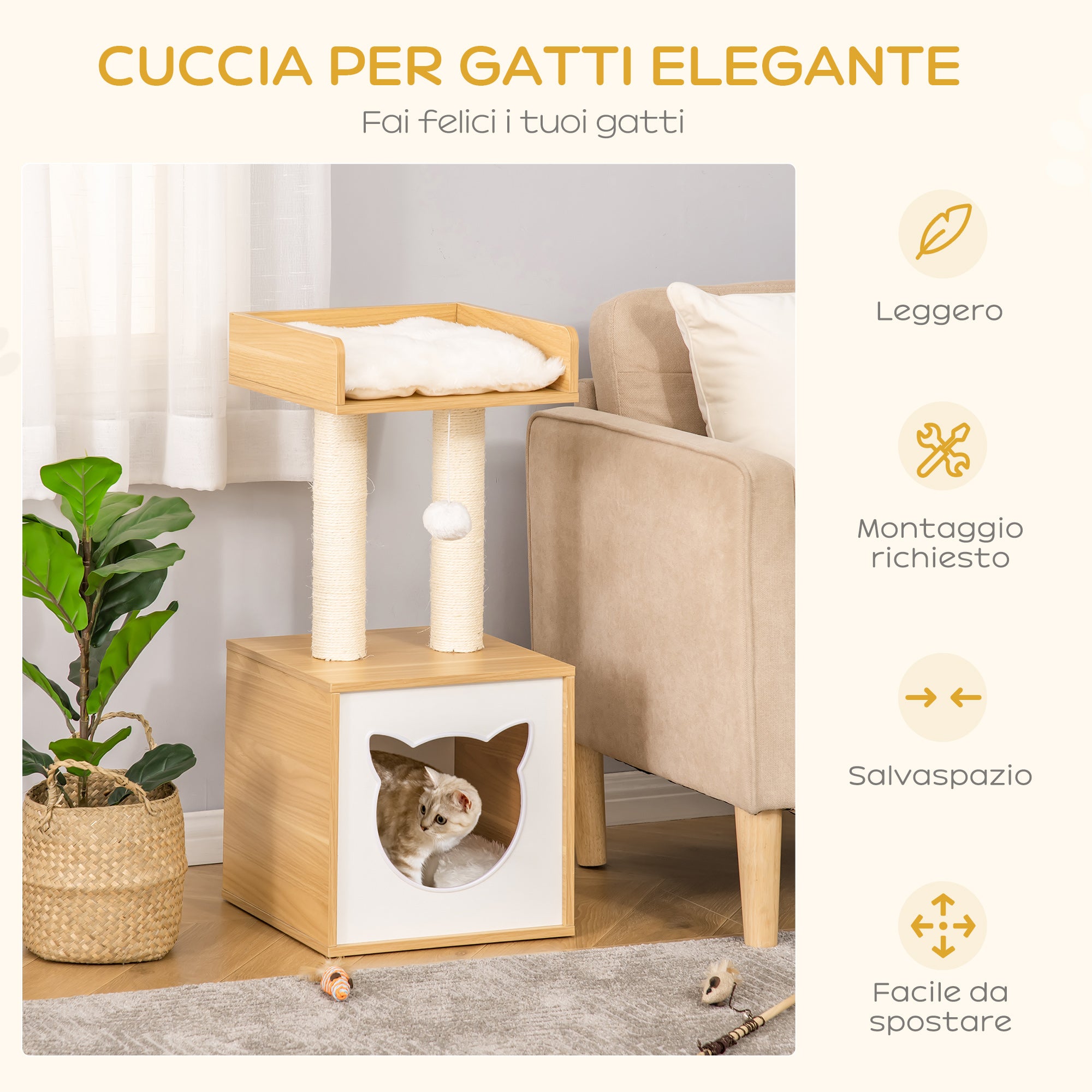 EasyComfort Casetta per Gatti con Pali Tiragraffi in Sisal, Cuscini Lavabili e Pallina, 35x35x81cm, Quercia