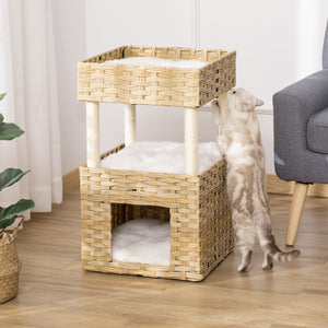 EasyComfort Casetta per Gatti a 3 Livelli in Rattan PE con Cuscini Lavabili in Peluche, 40x40x70cm