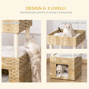 EasyComfort Casetta per Gatti a 3 Livelli in Rattan PE con Cuscini Lavabili in Peluche, 40x40x70cm