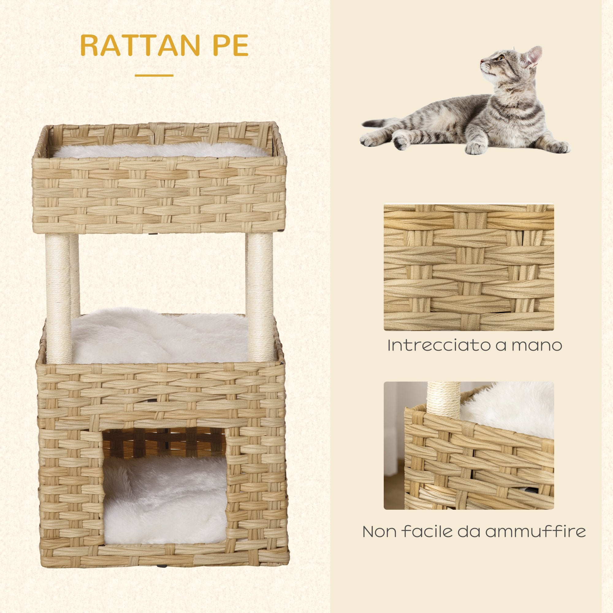 EasyComfort Casetta per Gatti a 3 Livelli in Rattan PE con Cuscini Lavabili in Peluche, 40x40x70cm