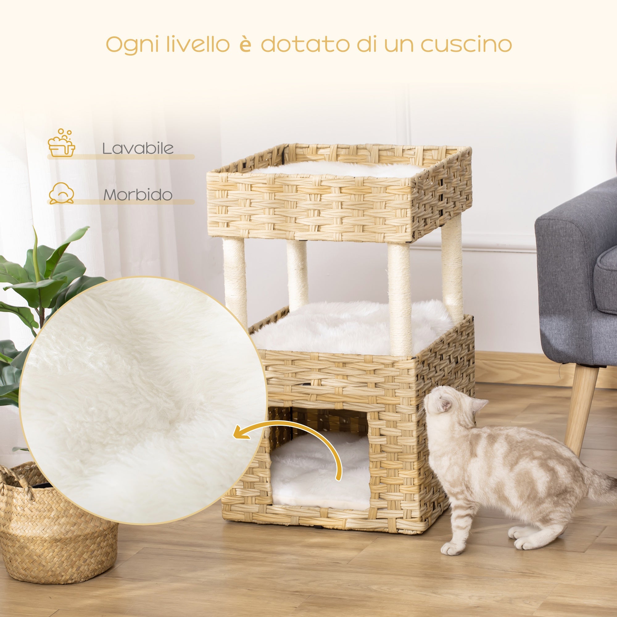 EasyComfort Casetta per Gatti a 3 Livelli in Rattan PE con Cuscini Lavabili in Peluche, 40x40x70cm