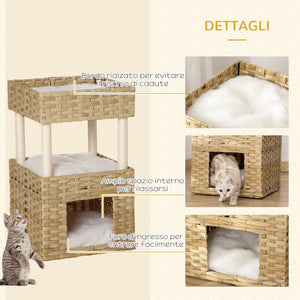 EasyComfort Casetta per Gatti a 3 Livelli in Rattan PE con Cuscini Lavabili in Peluche, 40x40x70cm