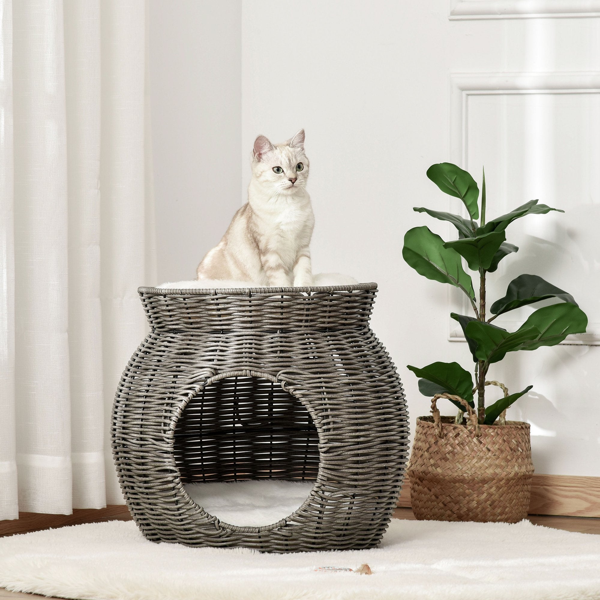 EasyComfort Cesta per Gatti a 2 Livelli in Rattan PE con Cuscini Lavabili in Peluche, Φ50x43.5cm