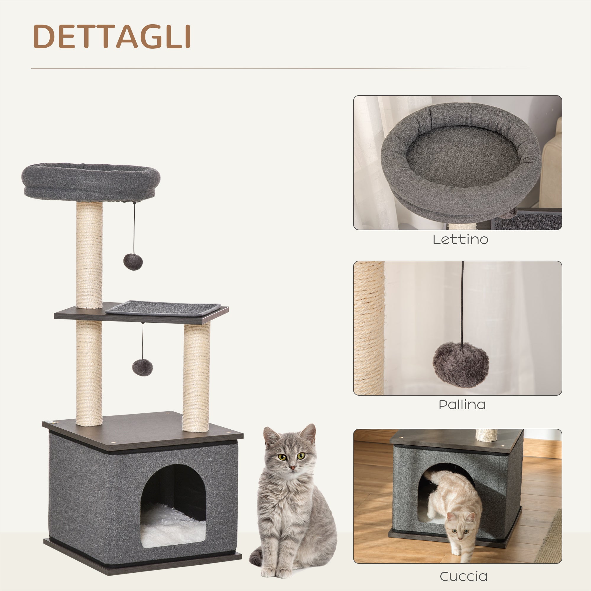 EasyComfort Albero Tiragraffi per Gatti con Casetta, Lettino e Pali in Sisal, 40x40x104cm, Grigio