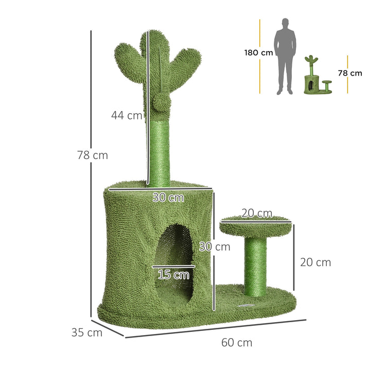 Albero Tiragraffi per Gatti 60x35x78 cm a Forma di Cactus con Palline e Cuccia Verde