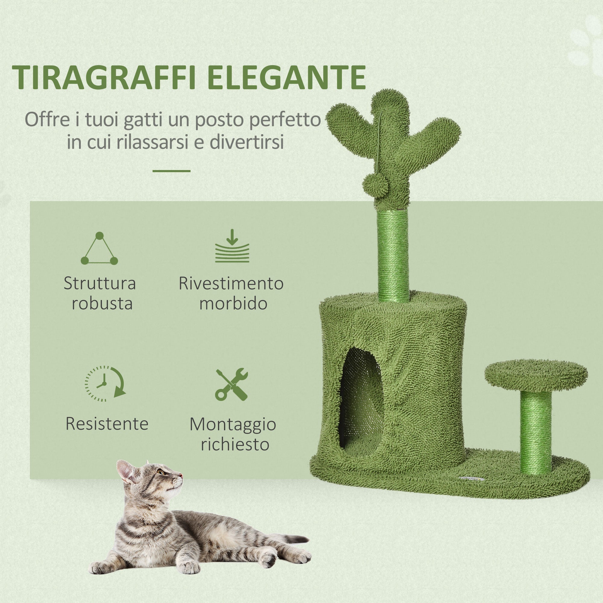 Albero Tiragraffi per Gatti 60x35x78 cm a Forma di Cactus con Palline e Cuccia Verde