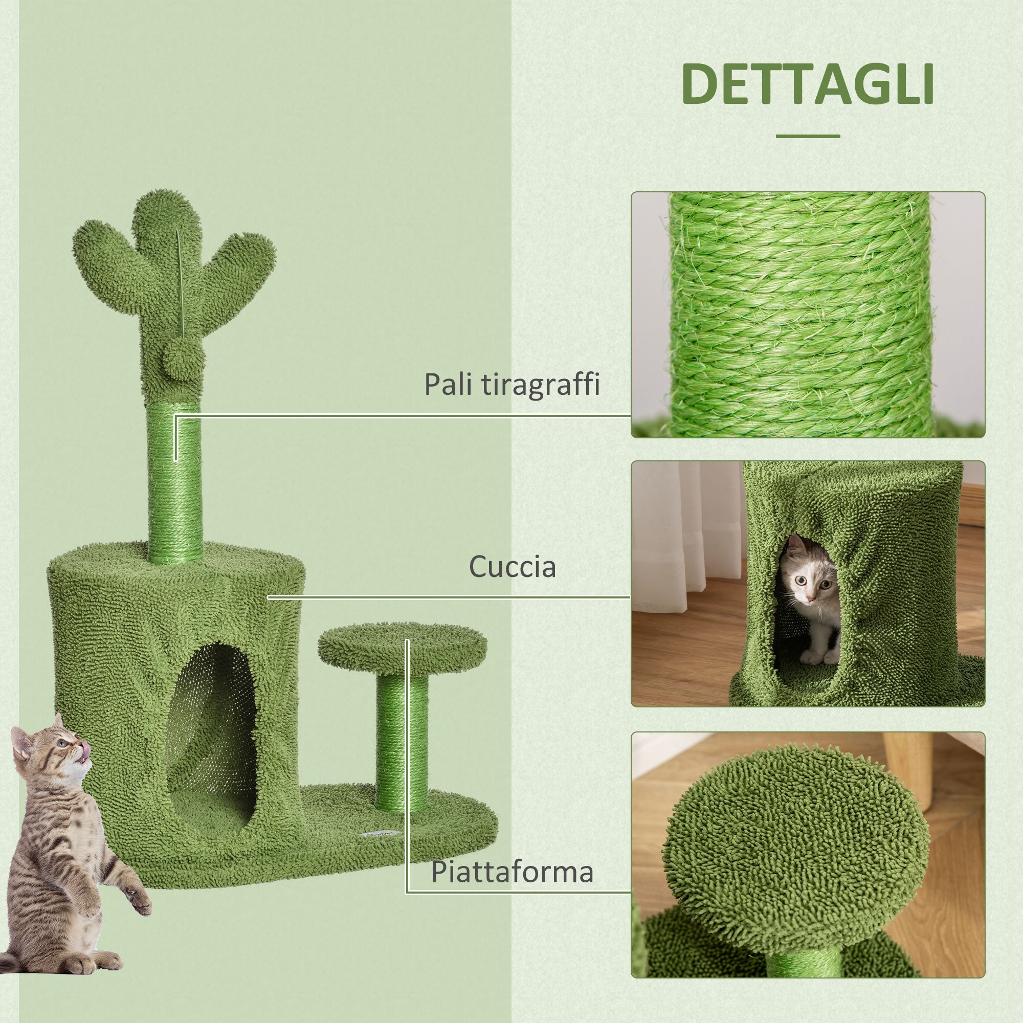 Albero Tiragraffi per Gatti 60x35x78 cm a Forma di Cactus con Palline e Cuccia Verde