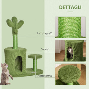 EasyComfort Albero Tiragraffi per Gatti Fino 4.5kg a Forma di Cactus con Palline e Cuccia, 60x35x78cm - Verde