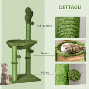 EasyComfort Albero Tiragraffi per Gatti fino 4.5kg a Forma di Cactus con Palline e Amaca, 40x40x96cm - Verde