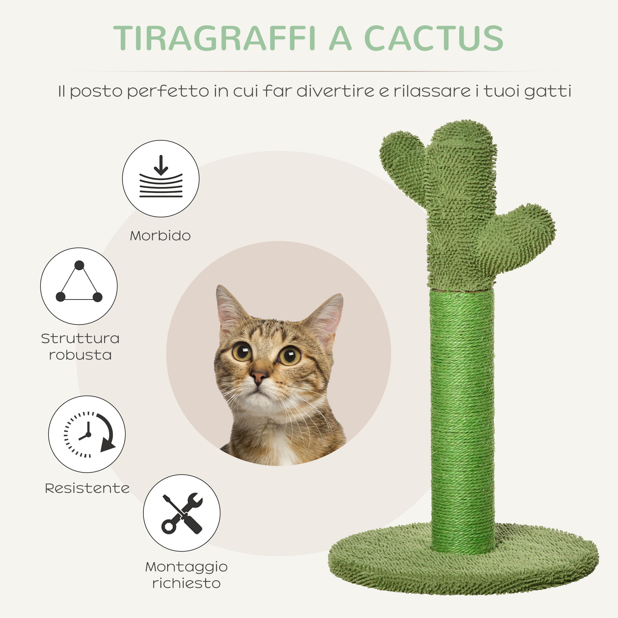 EasyComfort Albero Tiragraffi per Gatti a Forma di Cactus con Corde in Sisal, 40x40x65cm, Verde