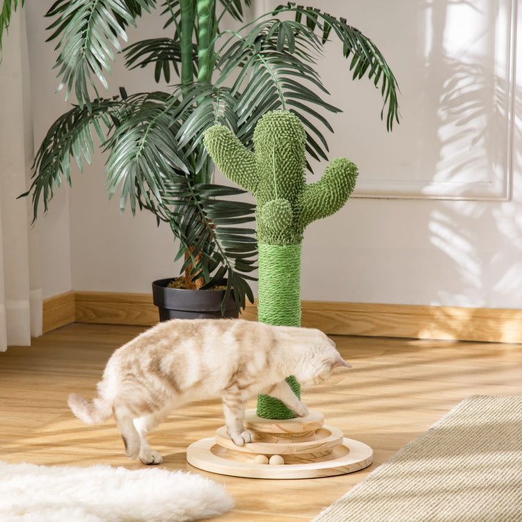 EasyComfort Albero Tiragraffi a Cactus per Gatti, Corda Sisal e Base con Palline in Legno, 32x32x60cm