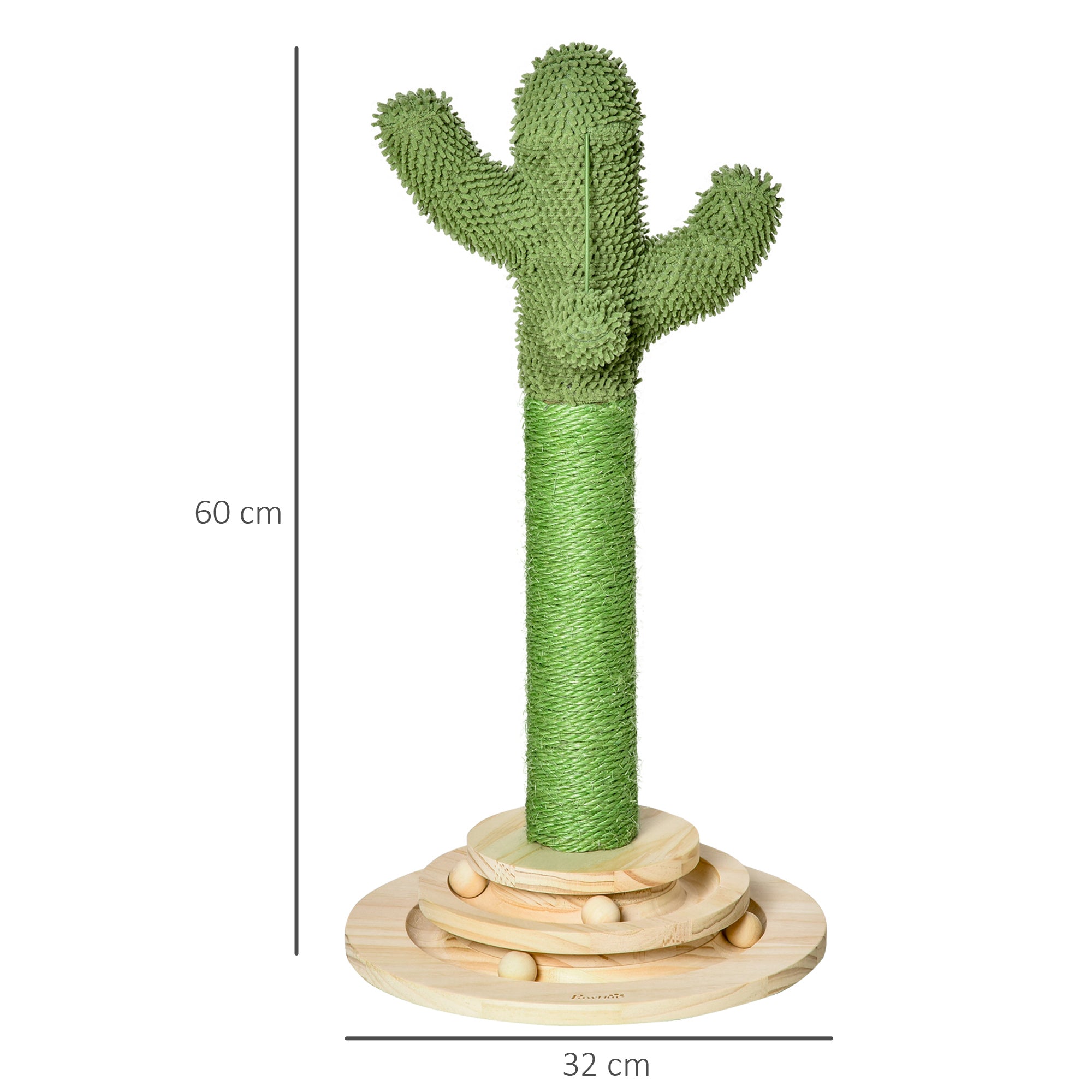 EasyComfort Albero Tiragraffi a Cactus per Gatti, Corda Sisal e Base con Palline in Legno, 32x32x60cm