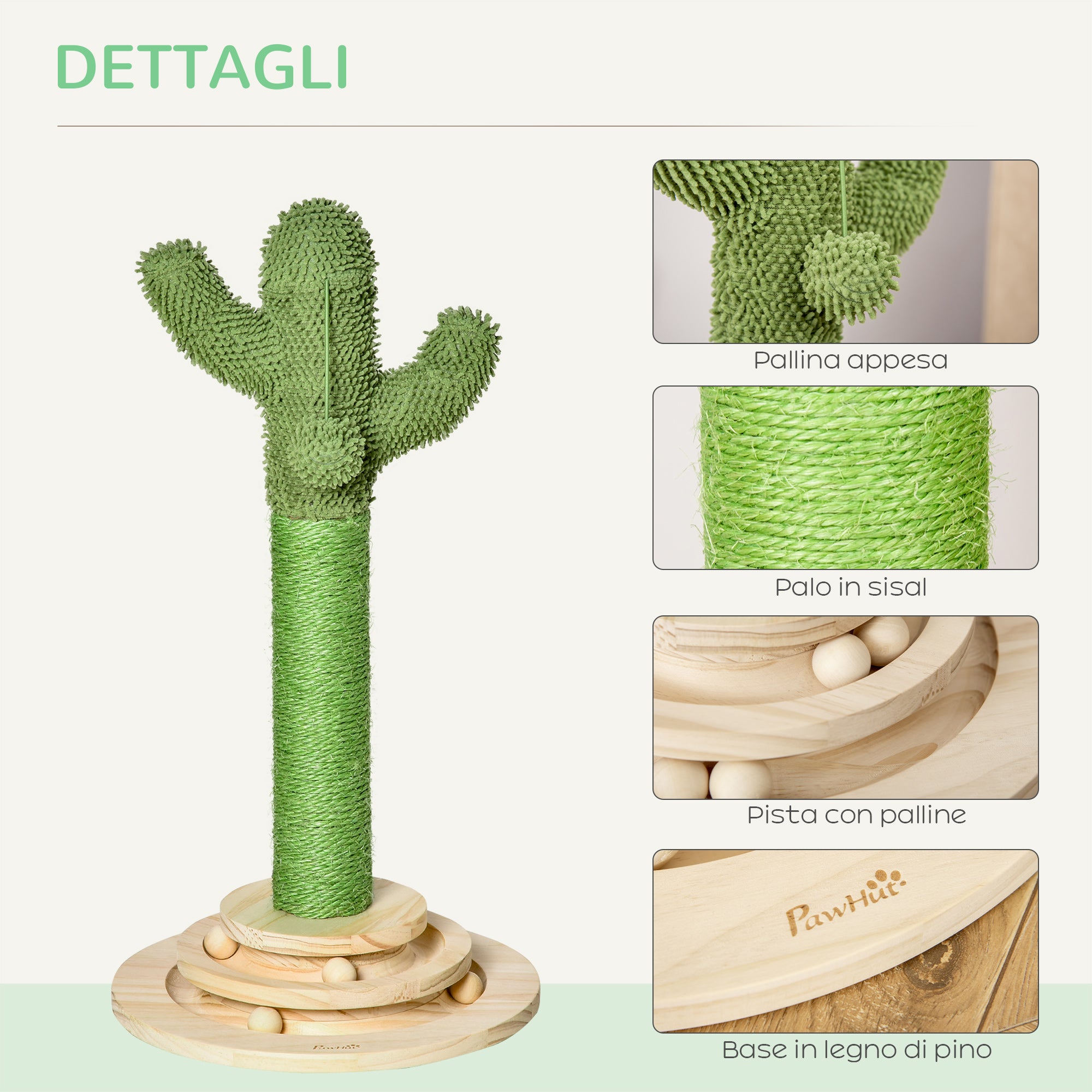 EasyComfort Albero Tiragraffi a Cactus per Gatti, Corda Sisal e Base con Palline in Legno, 32x32x60cm