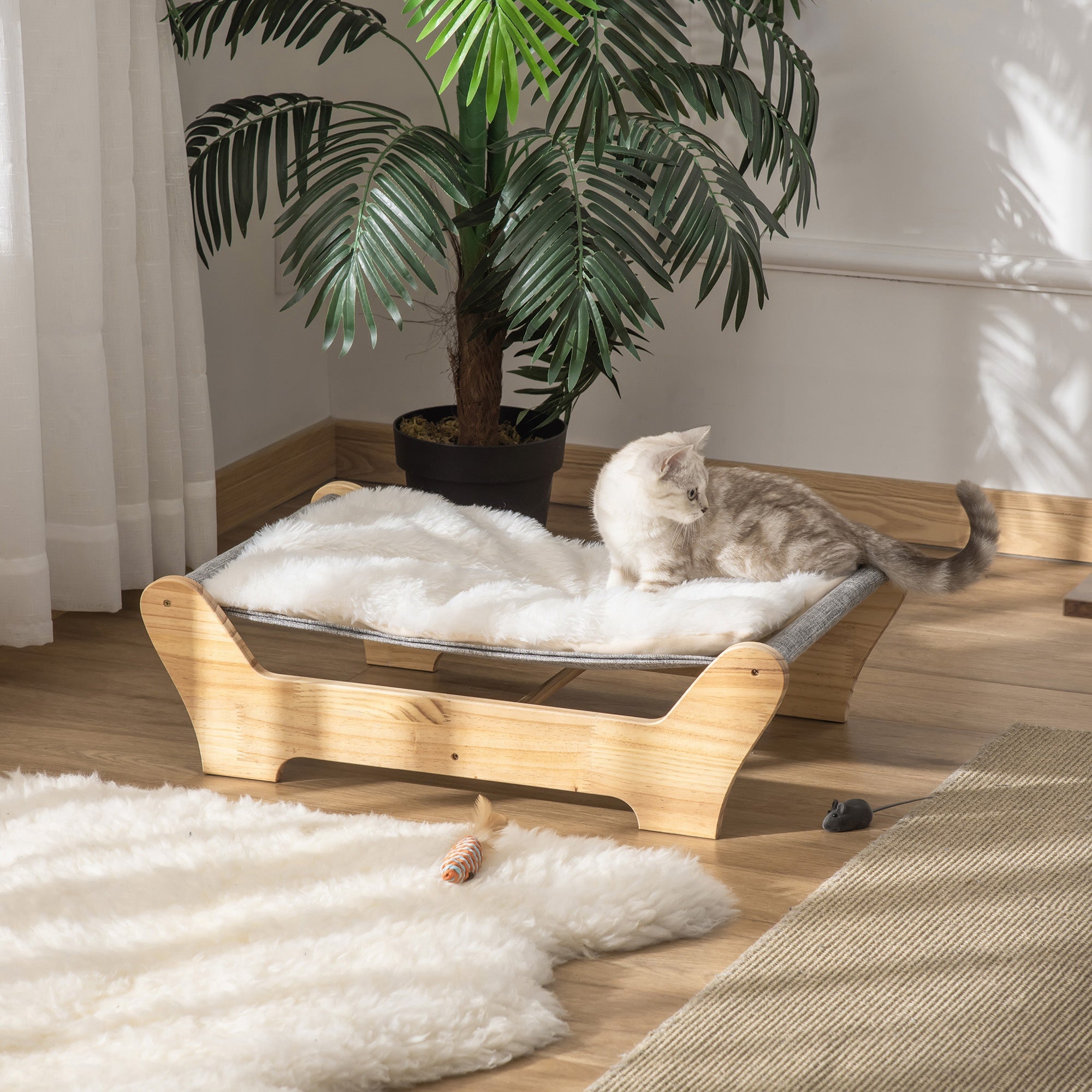 EasyComfort Cuccia per Gatti da Interno con Cuscino in Peluche Rimovibile e Telaio in Legno, 68x43x20cm - Bianco/Grigio