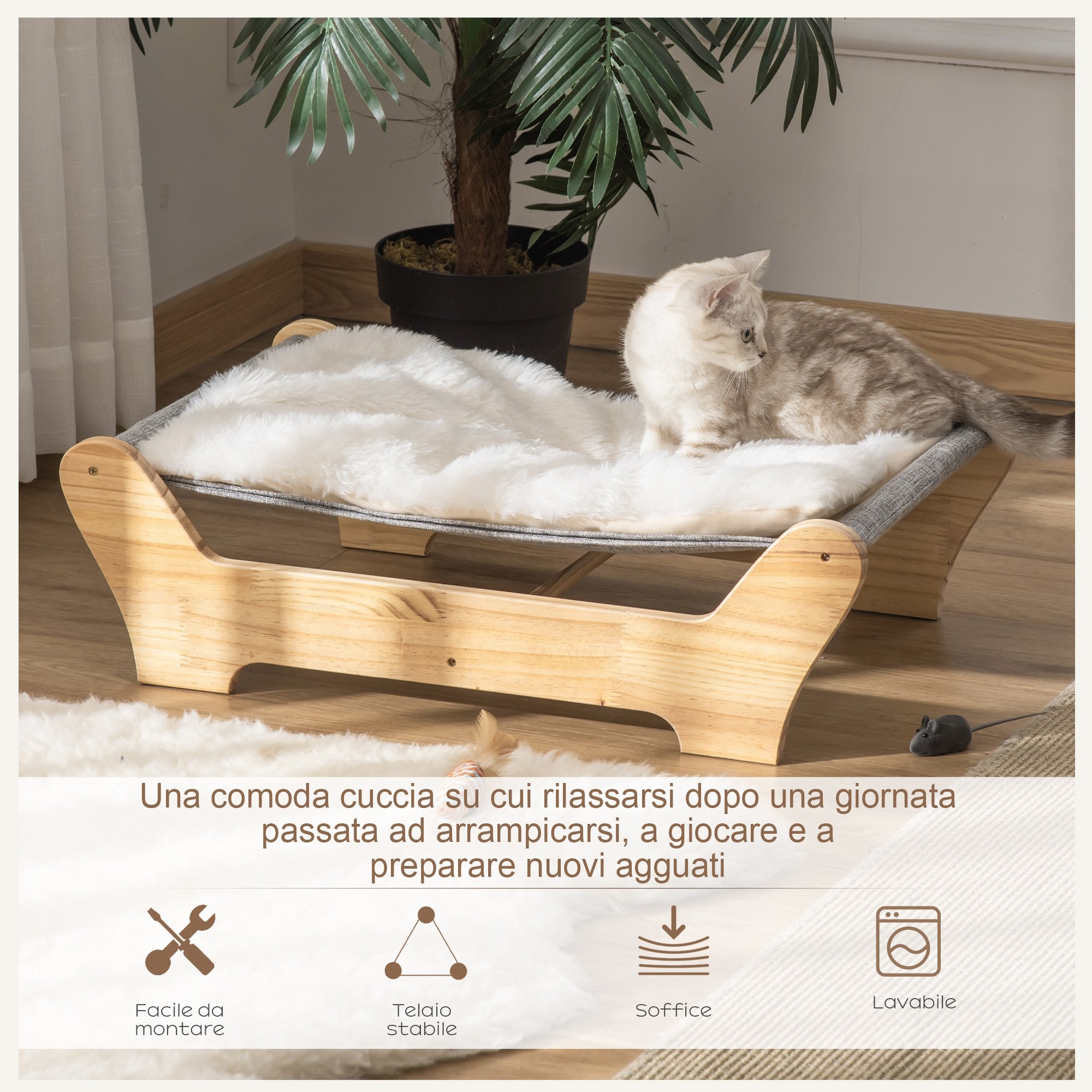 EasyComfort Cuccia per Gatti da Interno con Cuscino in Peluche Rimovibile e Telaio in Legno, 68x43x20cm - Bianco/Grigio